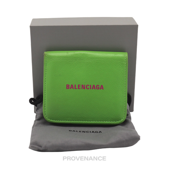 🔴 Balenciaga Logo Print Bifold Wallet - Green Leather - Picture 1 of 9